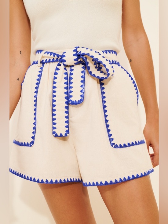 En Saison Pants - En Saison Cream Shorts with Blue Zigzag Trim and Tie Waist